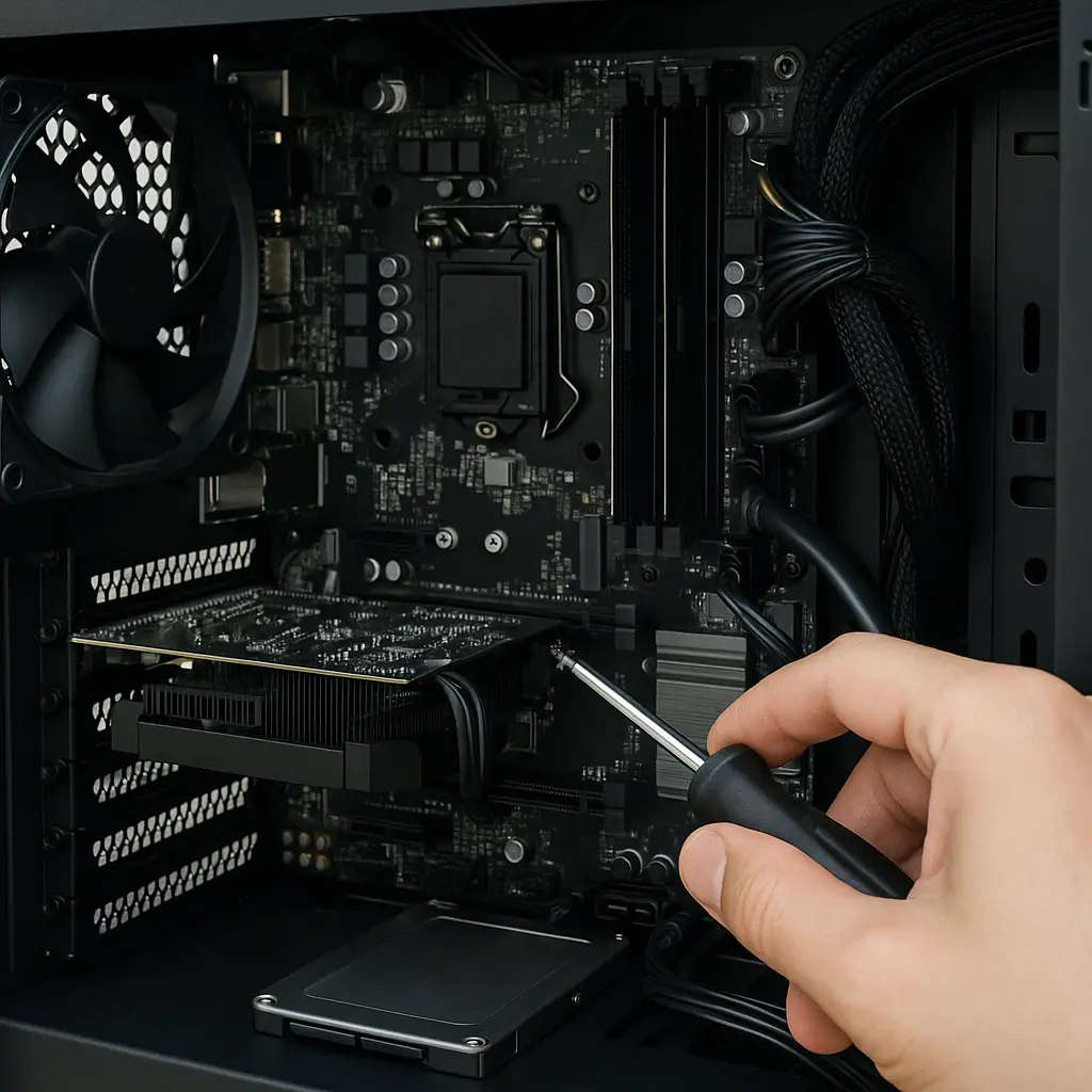 Performing hardware repair or assembly inside a desktop PC. A close-up of a person using a screwdriver to work inside a desktop computer, focusing on the motherboard and internal components during PC repair or assembly.