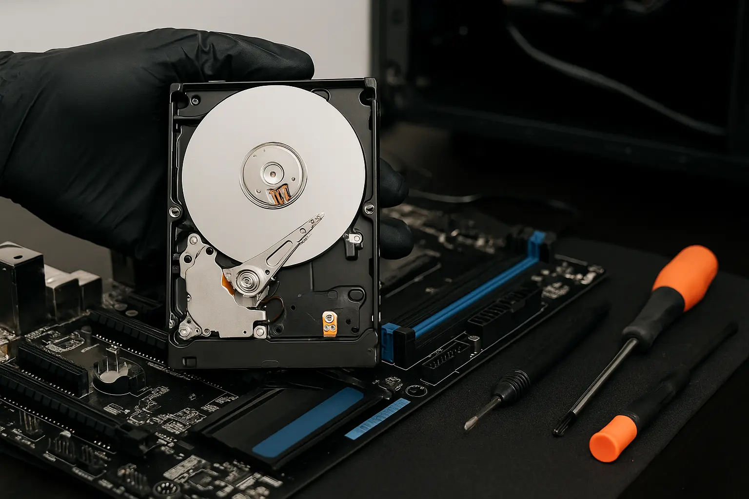 Recover lost data or securely erase a device. A close-up of a technician handling a hard drive and tools next to a computer motherboard, representing data recovery and secure data wiping.